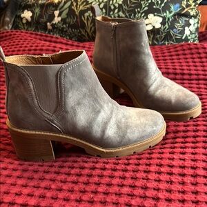 Lucky Brand Gray Ankle Boots with Chunky Heel and Slip-On Style